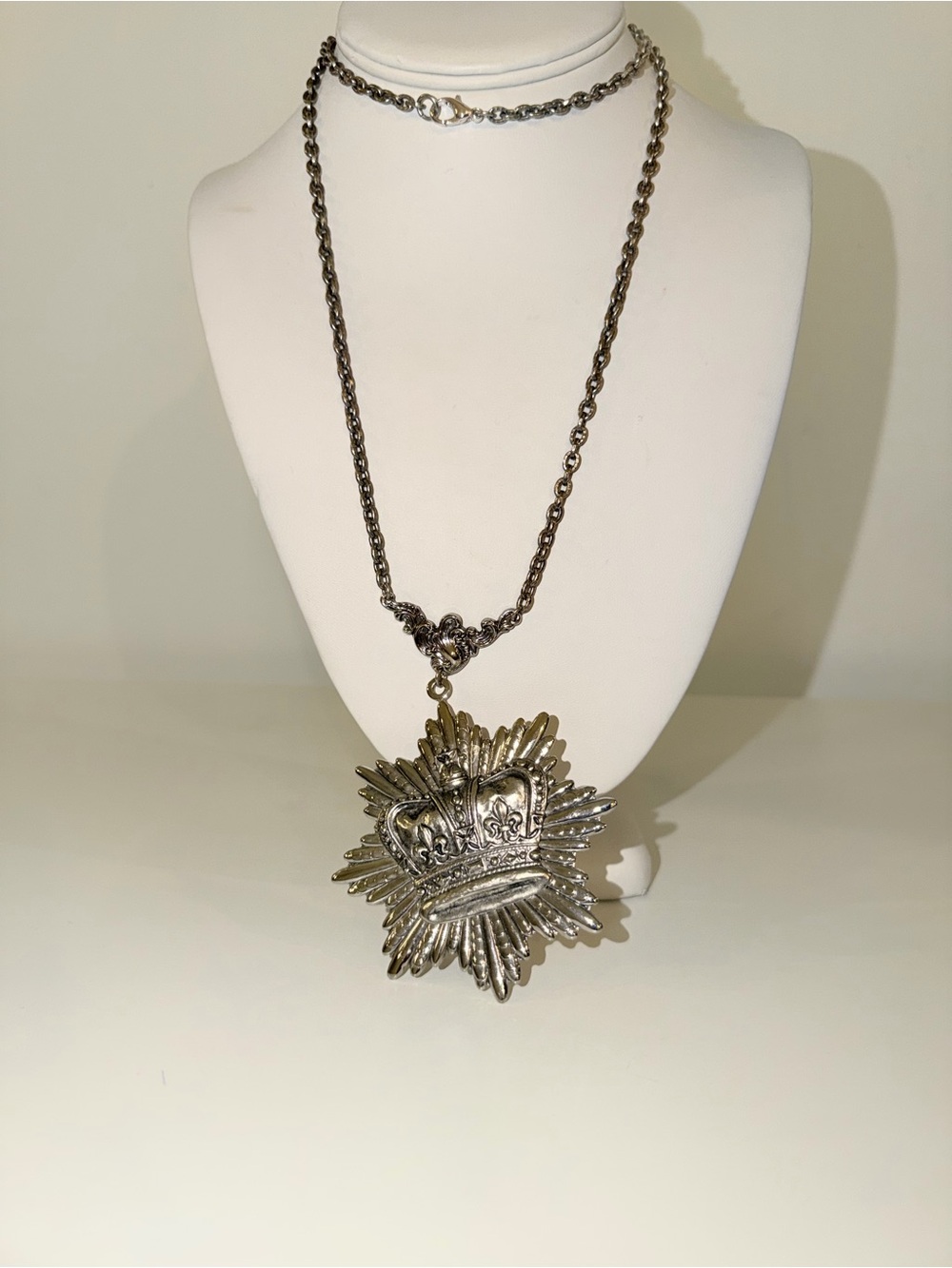 Custom Chunky Medallion Crown Silver-Tone Pendant Long Necklace